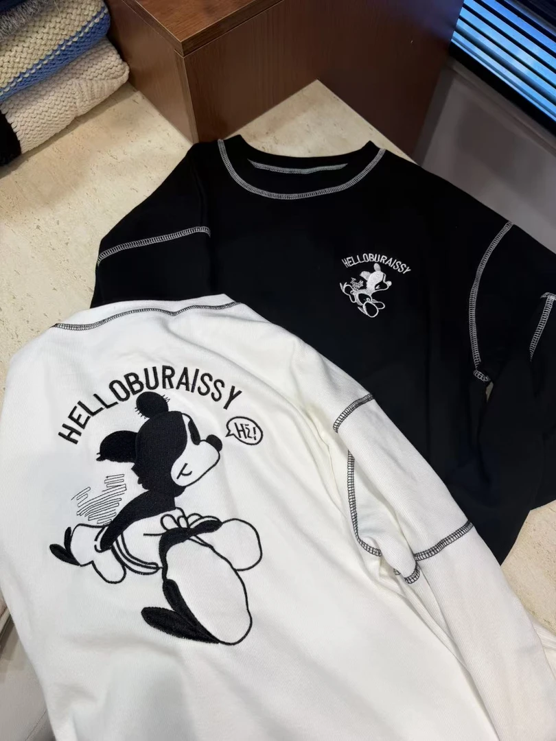 曹大媛25冬【hi米奇】前后重工刺绣磨毛加厚明显设计打底T恤韩版