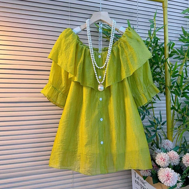 新款甜美韩系一字肩荷叶领娃娃衫纯色减龄百搭上衣胖妹妹大码女装