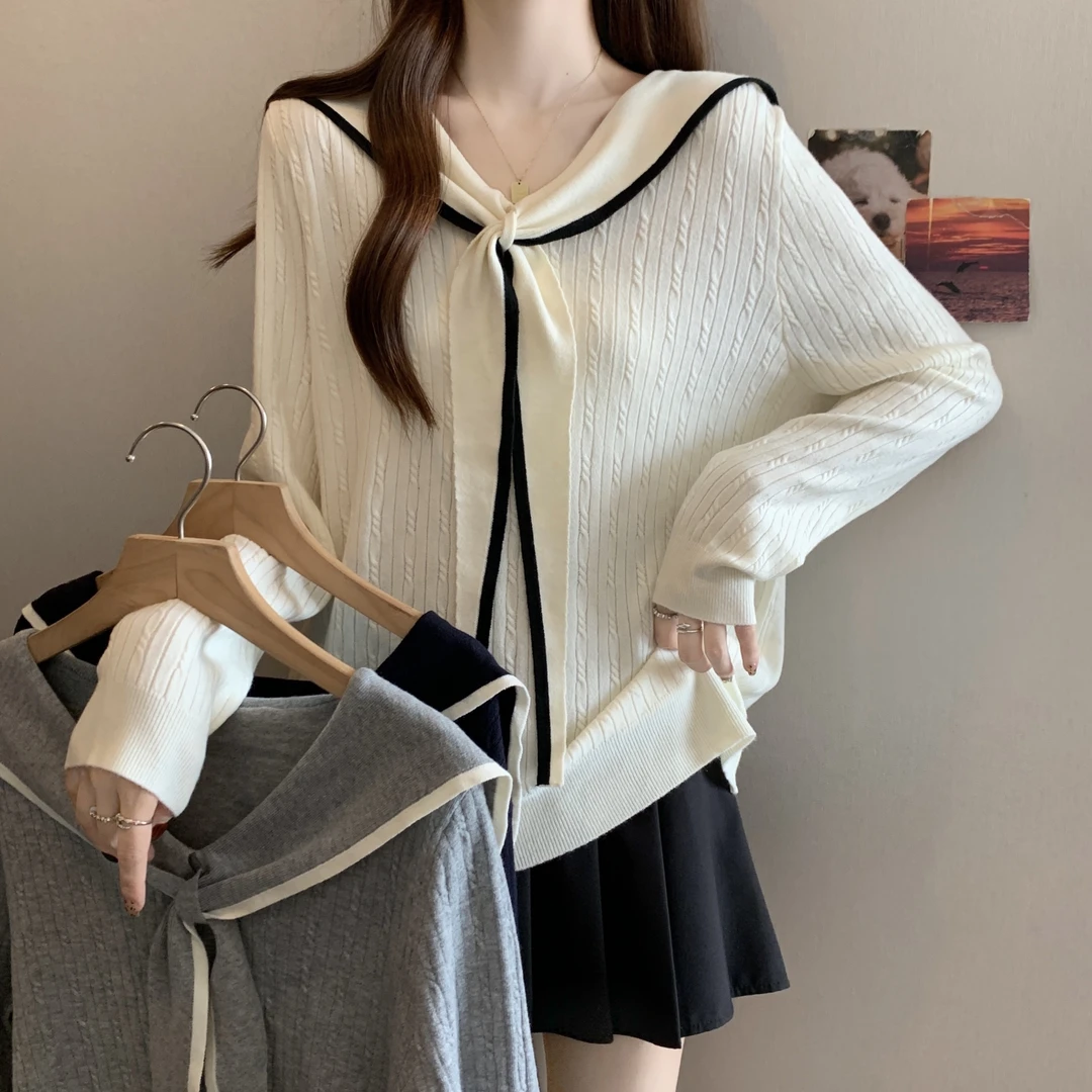 2025秋款胖mm大码女装学院风海军领长袖针织衫宽松时尚减龄上衣
