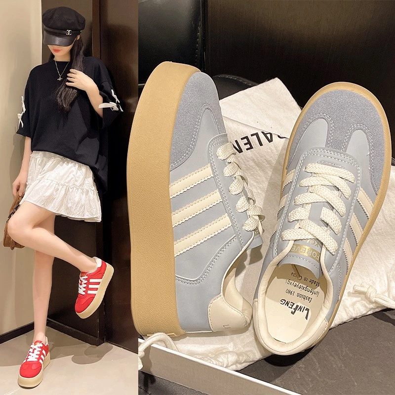 白鹿同款爆款三条杠厚底德训鞋女2025秋新款配裙子休闲板鞋运动鞋