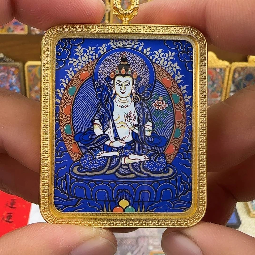 热贡纯手绘小唐卡蓝唐虚空藏菩萨牛虎守护
