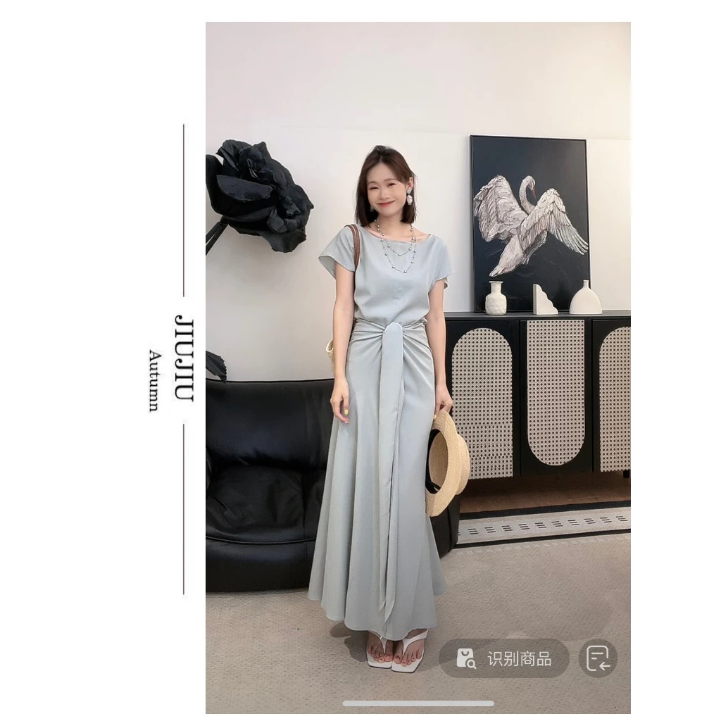 陈啾啾新款夏季船领气质时尚长袖修身短袖半身裙套装SHBZU651599