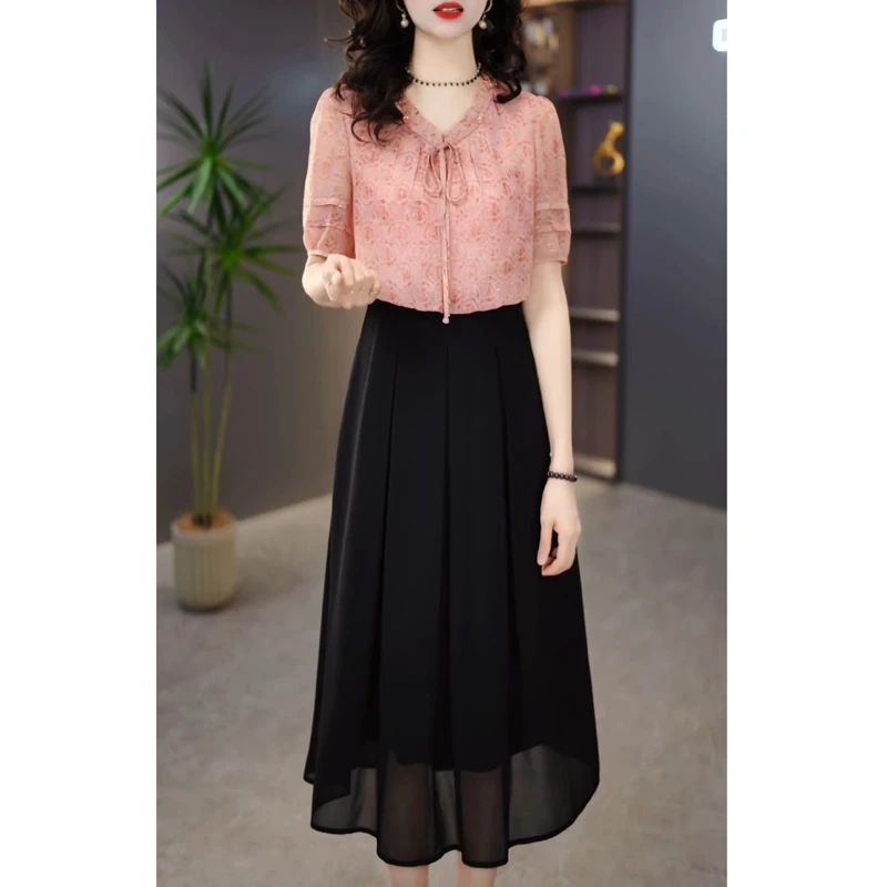 轻奢百搭法式假俩件气质连衣裙女2025夏季新款收腰显瘦中长款裙子