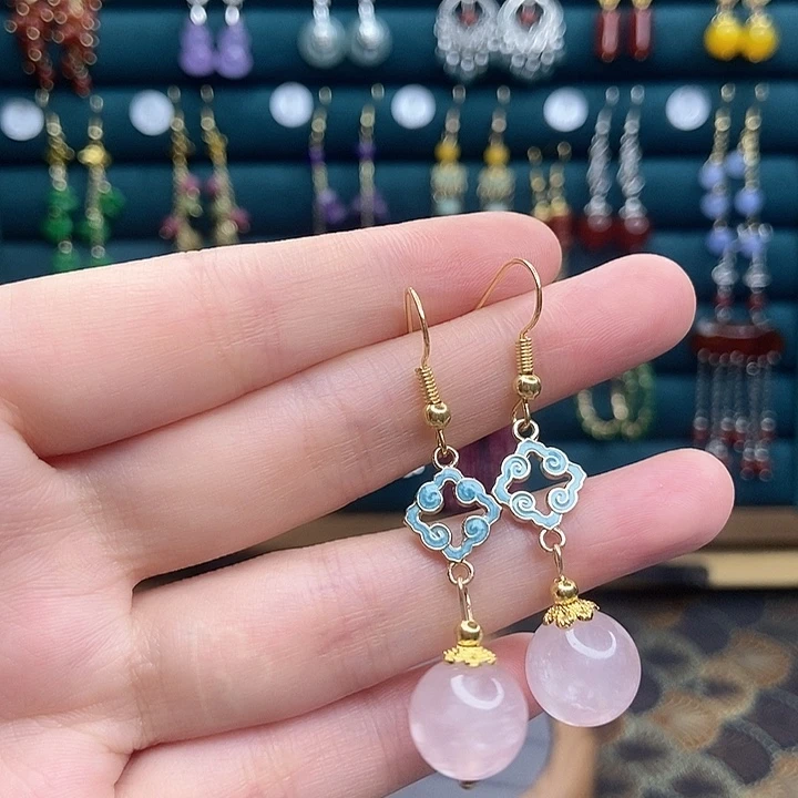 石英质玉耳钉银S925镶嵌