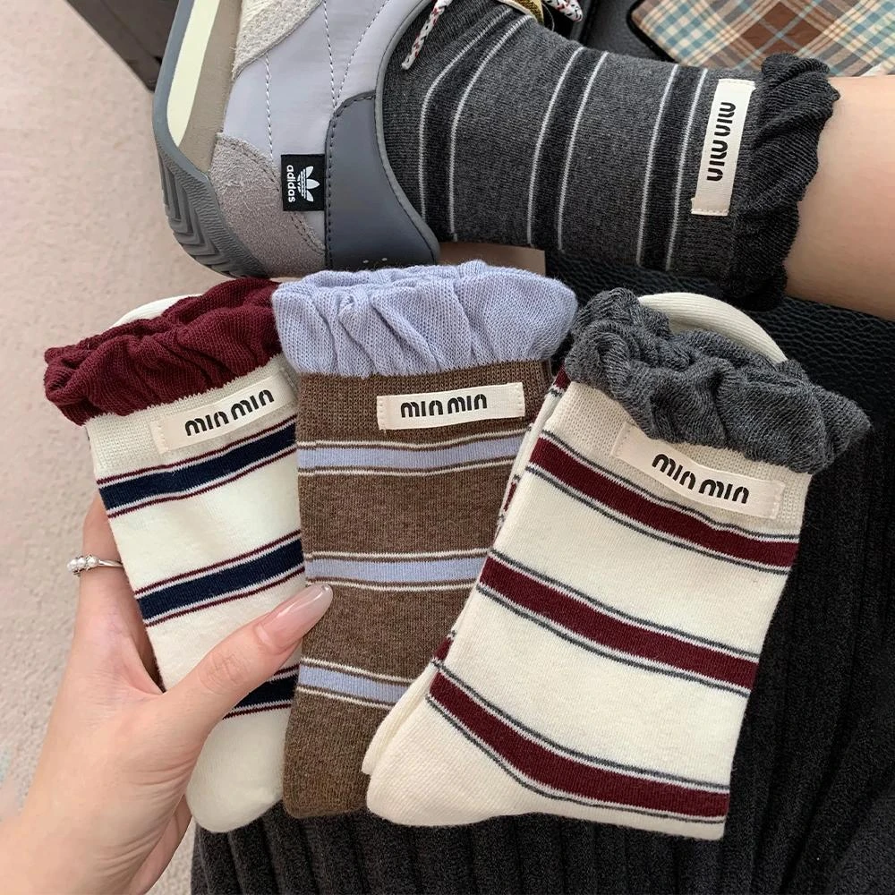 无骨棉袜百搭ins复古堆堆女袜冬季韩系泡泡口条纹秋冬中筒袜子