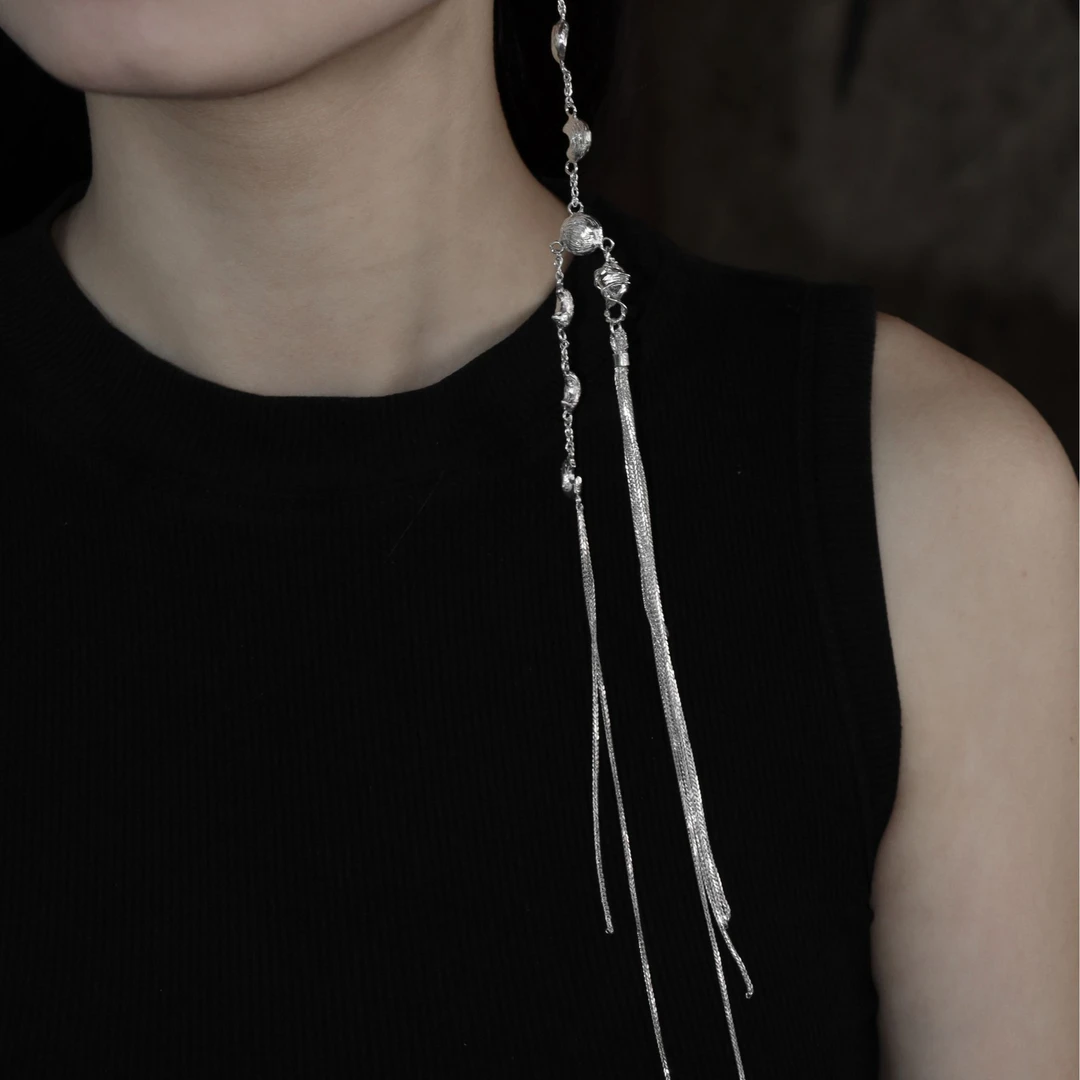 东黑三白 925银耳饰  月渐满  s930原创设计中式超长流苏百搭耳钉