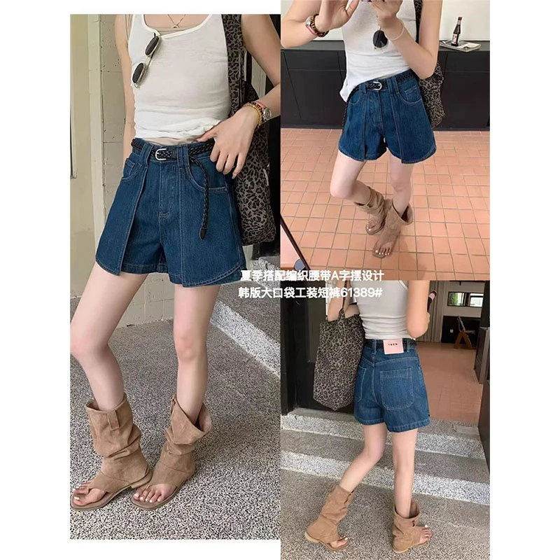 深蓝色高腰口袋工装牛仔短裤女夏季水洗宽松显瘦休闲A字阔腿热裤