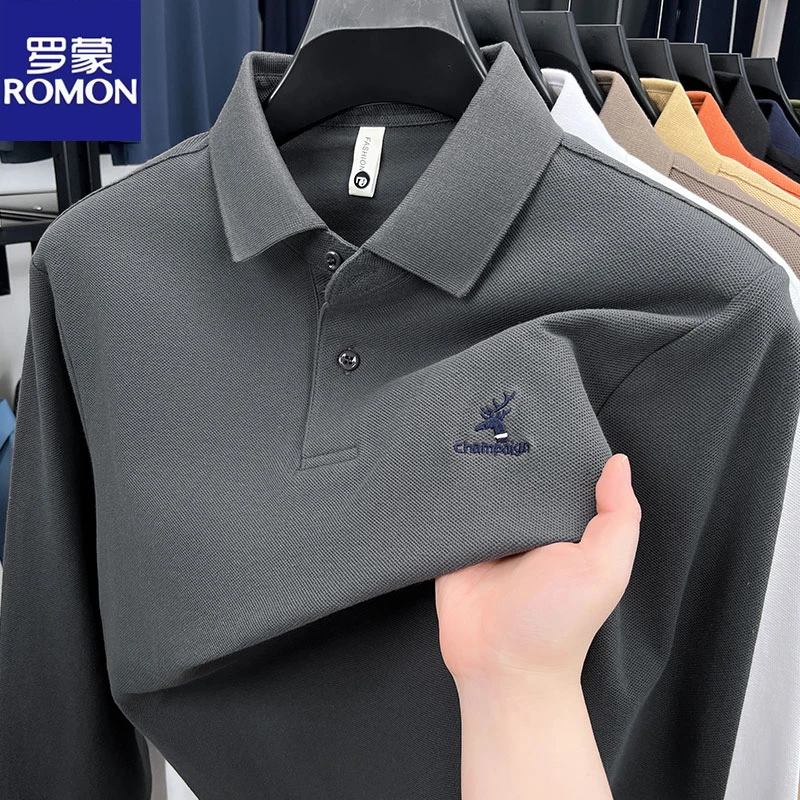 罗蒙百分百纯棉长袖t恤男春秋新款纯色简约中年商务休闲POLO衫男