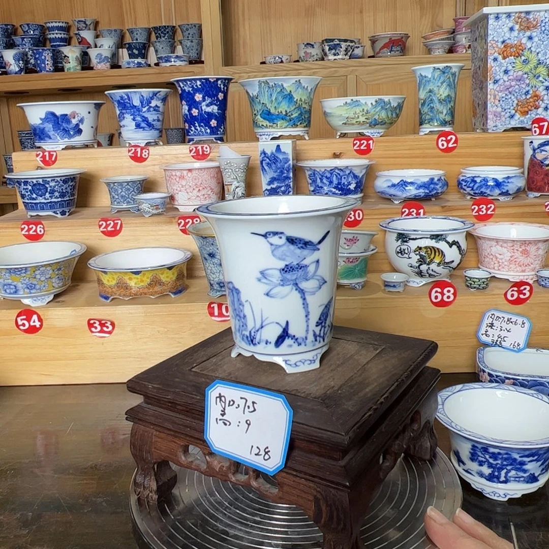 墨奈手绘陶瓷花盆内口7.5高9