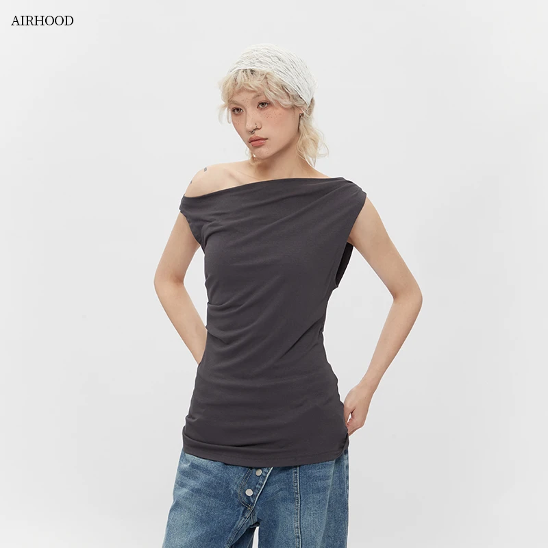 AIRHOOD 辣妹斜肩背心女INS修身纯色褶皱露肩背心纯欲上衣C5074