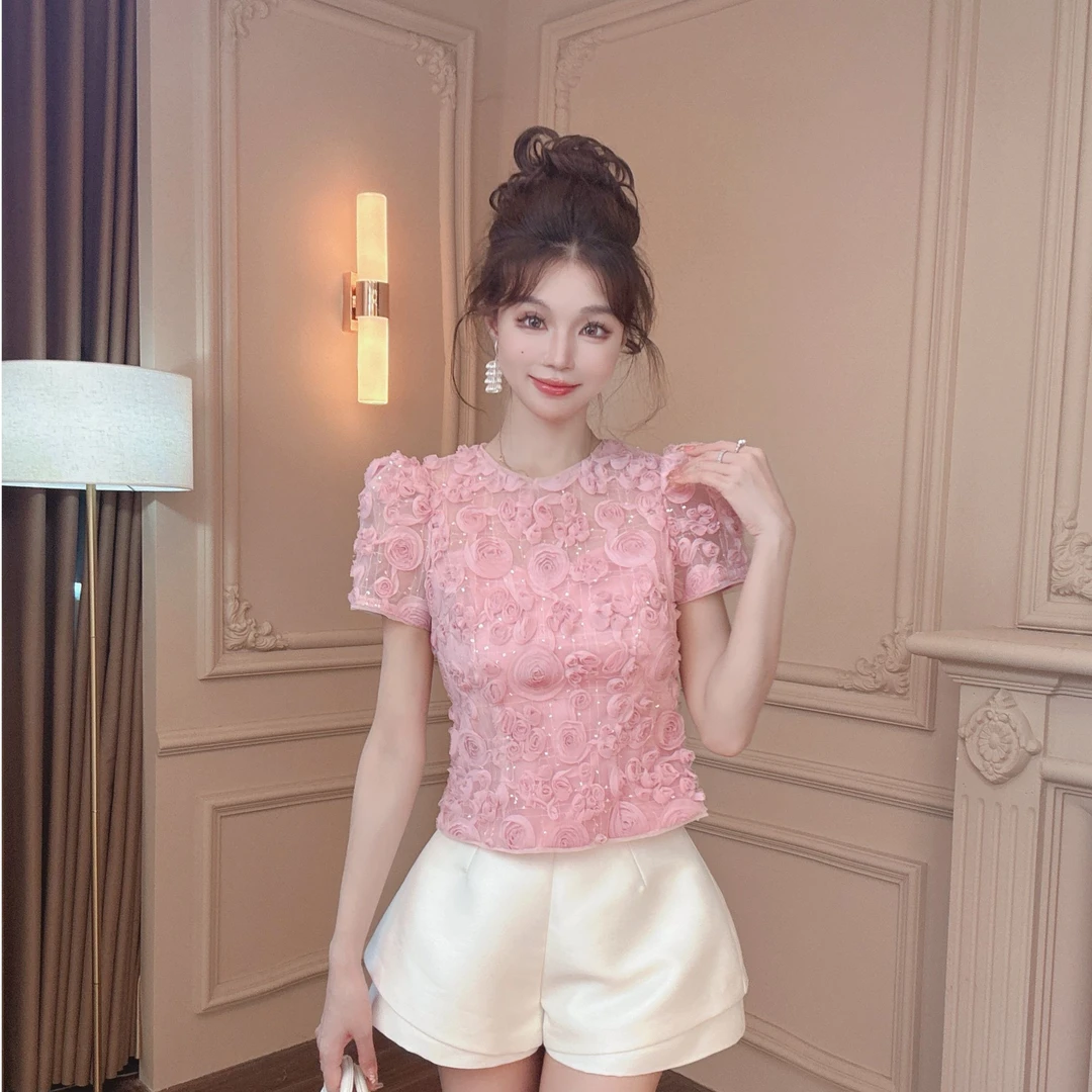 【CC专属】杏色朦胧透提花设计女春夏季新款设计感显瘦-11588
