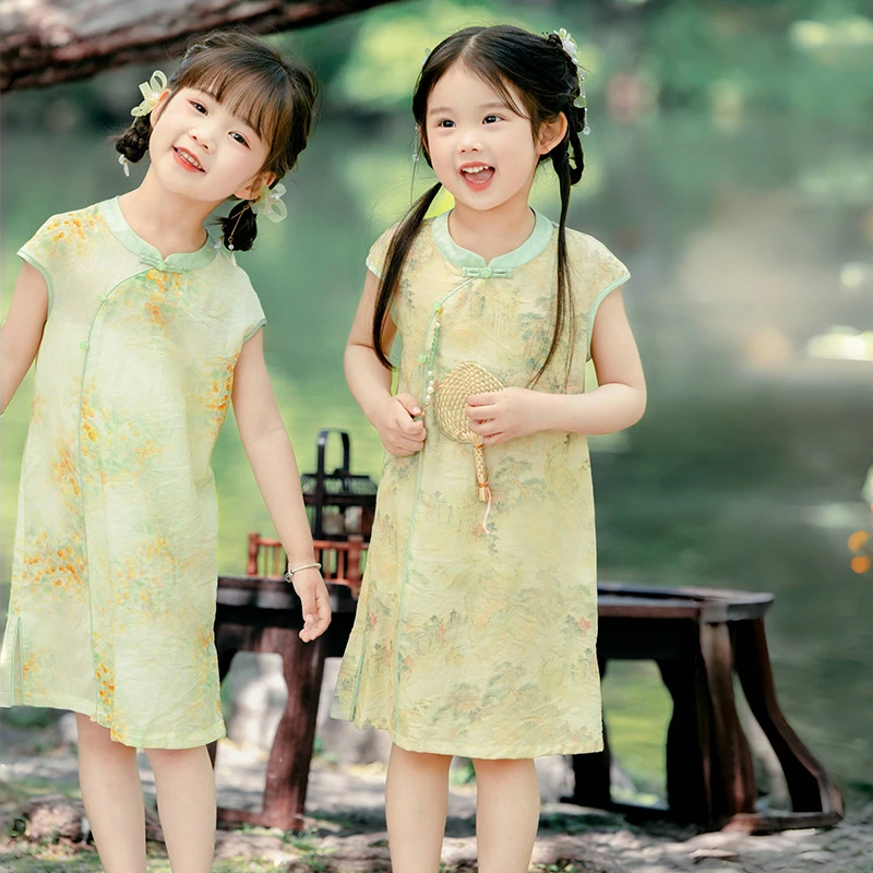 萌乎【写意】新中式中国风汉服夏季薄款无袖汉服儿童旗袍-242704