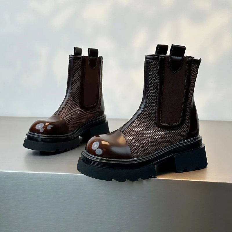 马丁靴女款2025新款网纱春夏季凉靴粗跟棕色网靴镂空复古瘦瘦靴