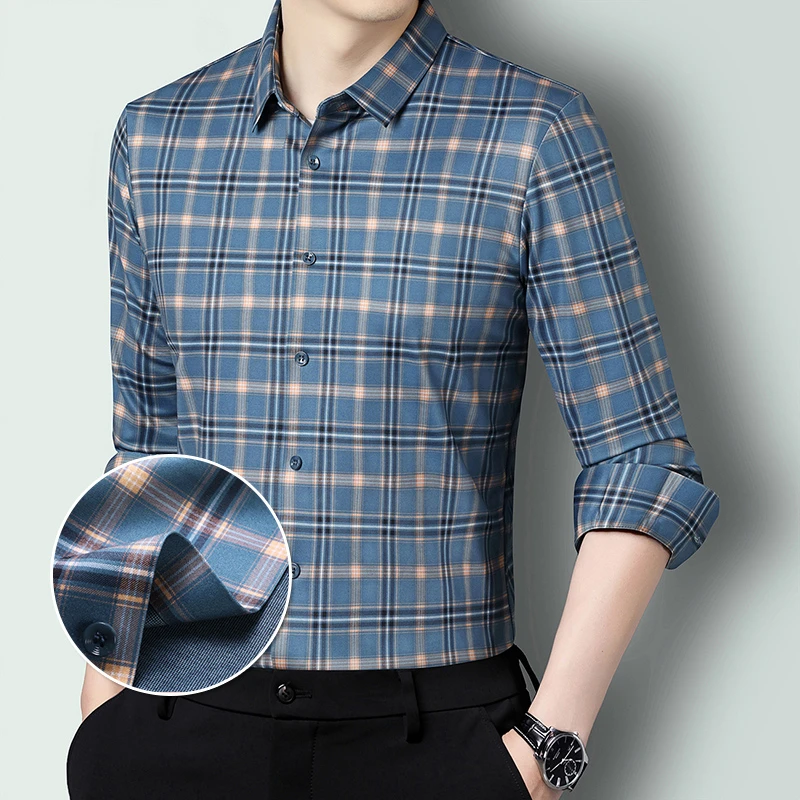 2025新款男士长袖格子高弹力无痕衬衫高档商务休闲百搭中年男衬衣