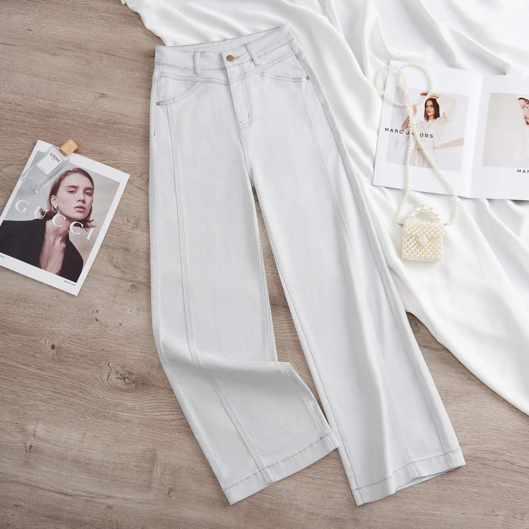 春夏新款白色高腰直筒裤烟缕灰百搭时尚宽松休闲牛仔裤女阔腿牛仔