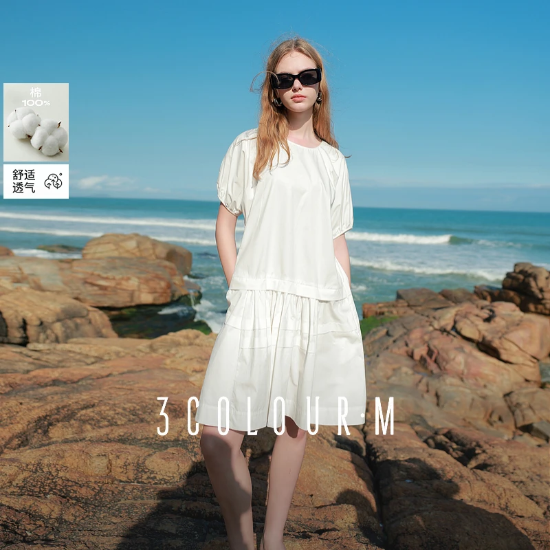 三彩2025夏季新款小白裙宽松娃娃裙圆领灯笼袖连衣裙中裙M