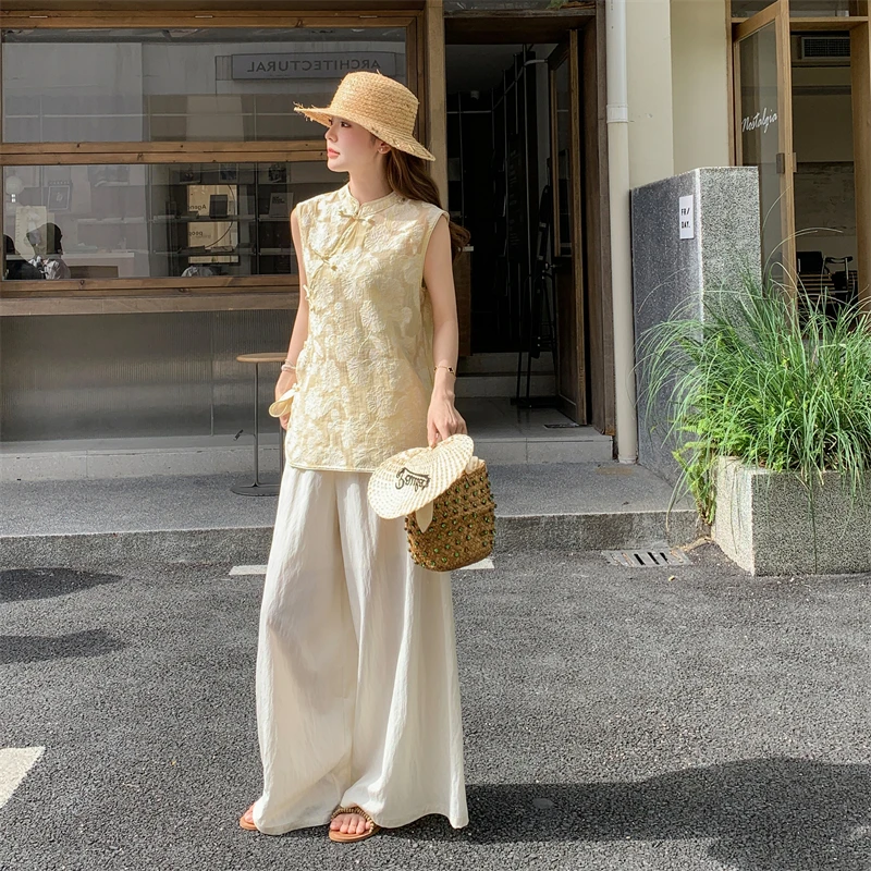 新中式国风无袖上衣阔腿裤套装女夏2025新款爆款富家新国风套装