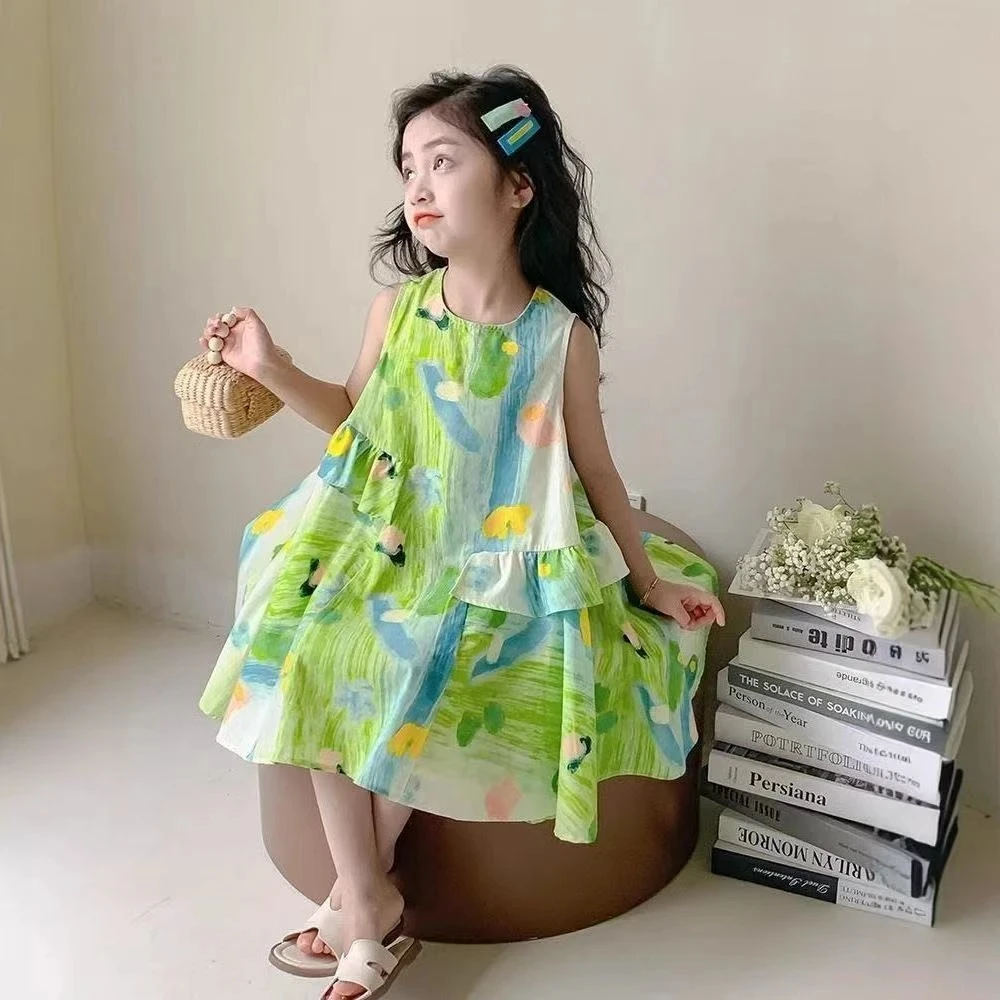 印花新款小清新女童夏装洋气海边度假裙儿童彩色油画无袖背心裙子