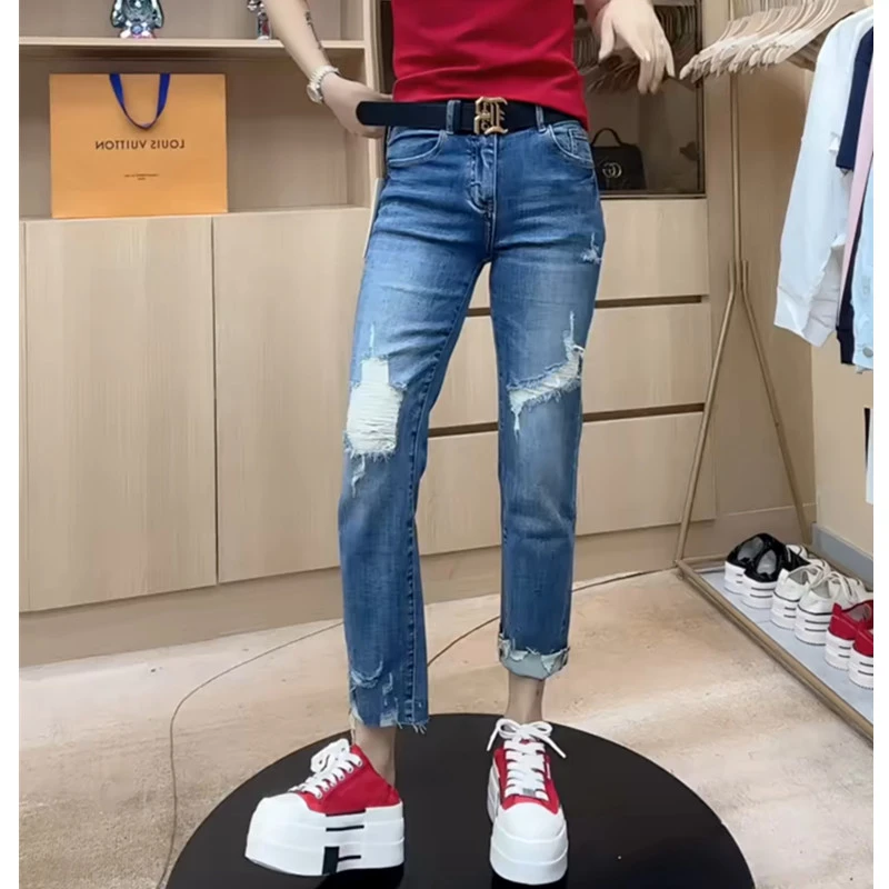 2025夏季新款胖mm大码裤子高腰弹力破洞牛仔裤女小个子九分烟管裤