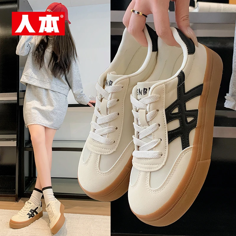 人本复古德训鞋雨伞布女款2025新款时尚百搭日常透气增高休闲鞋