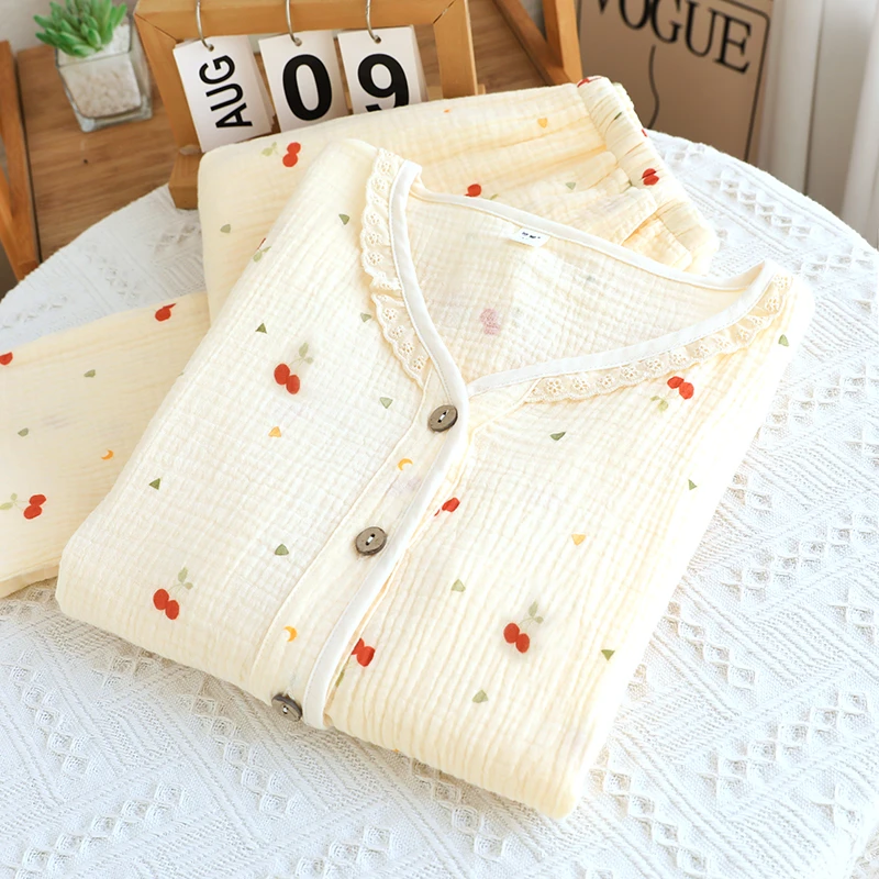 【小樱桃】春夏透气薄款睡衣女款A类双层纱布长袖V领100%全棉家居服