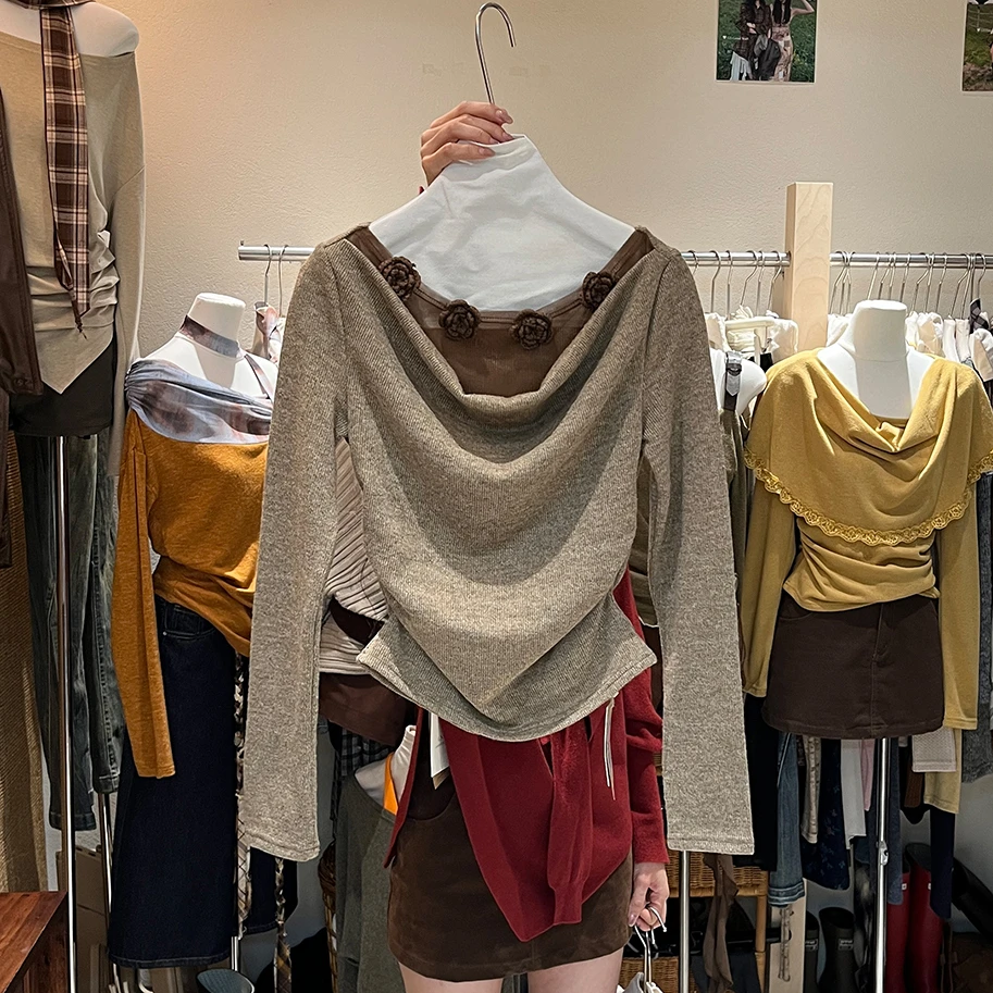 固质纯欲甜心秋季女友感浪漫氛围立体花朵荡领捏褶皱收腰长袖小衫