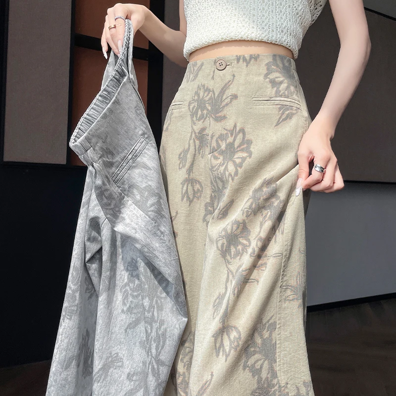 老钱风扎染印花亚麻裤女夏新款垂感宽松禅意阔腿裤冰丝西装山本裤