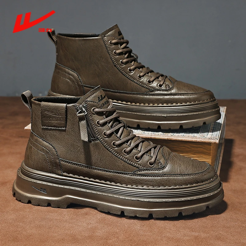 回力男鞋秋冬新款户外休闲马丁靴百搭厚底增高复古英伦风中帮男靴
