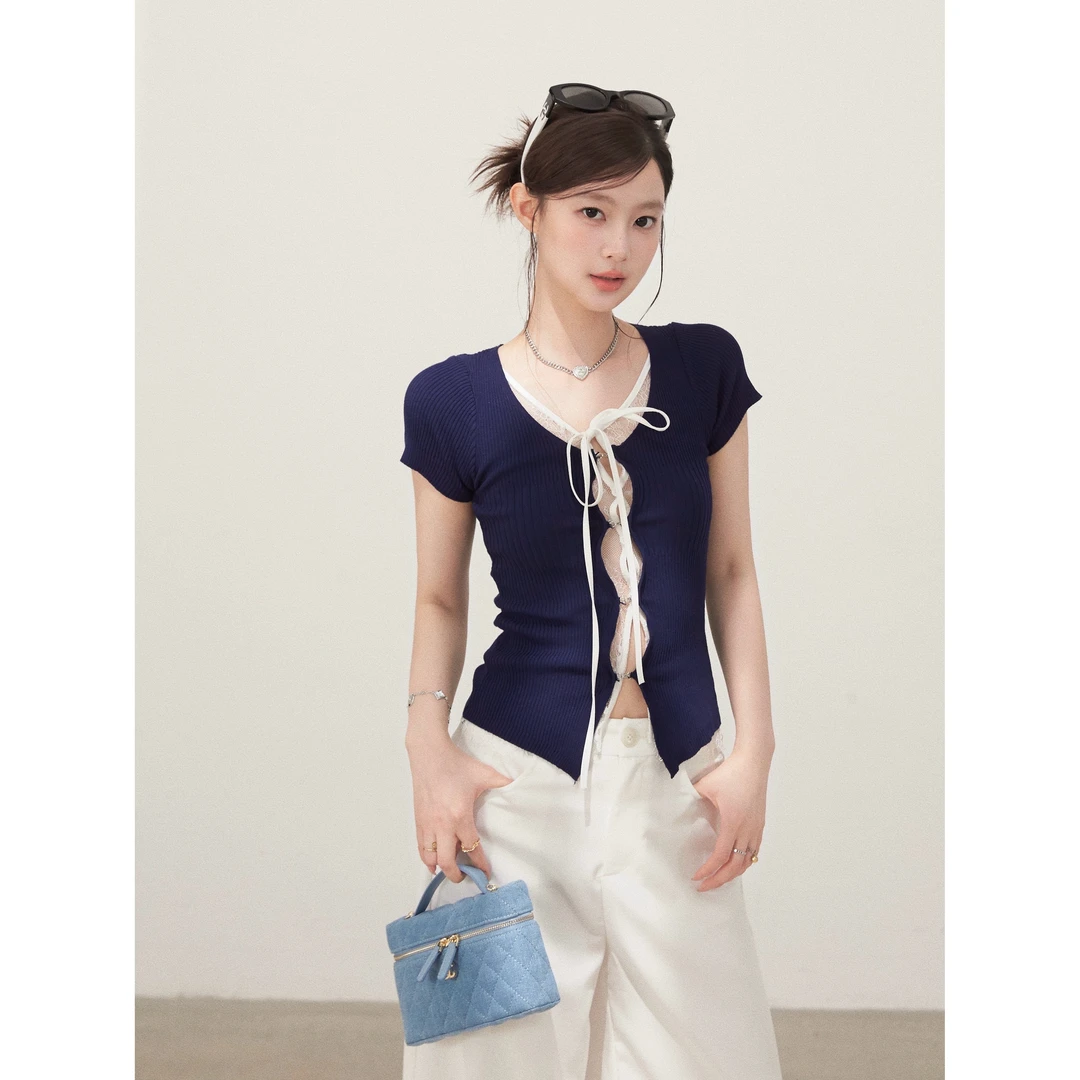 现货【谢不肉】夏季假两件短袖肌理感坑条针织开衫上衣5740