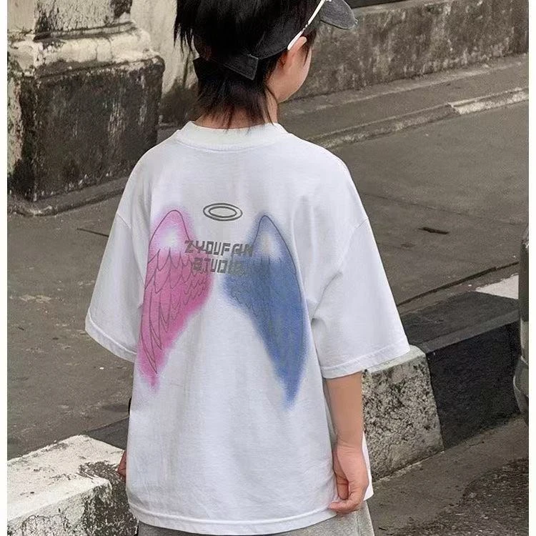 设计师款~25新款夏季男童潮酷翅膀印花短袖T 恤8238