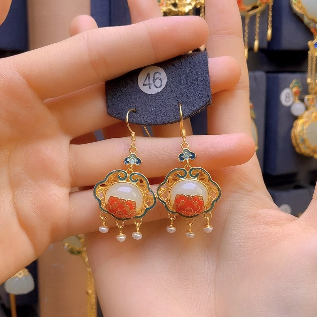 和田玉耳饰银S925镀金镶嵌