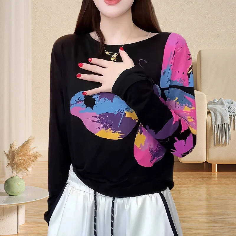 洋气显瘦修身t恤女夏季薄款蝴蝶印花减龄长袖上衣女士速干防晒衣