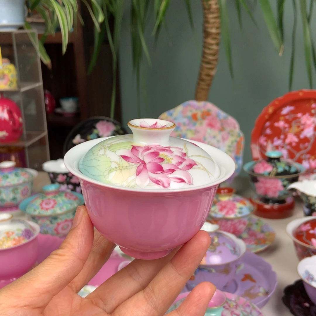 荷花盖碗粉色景德镇