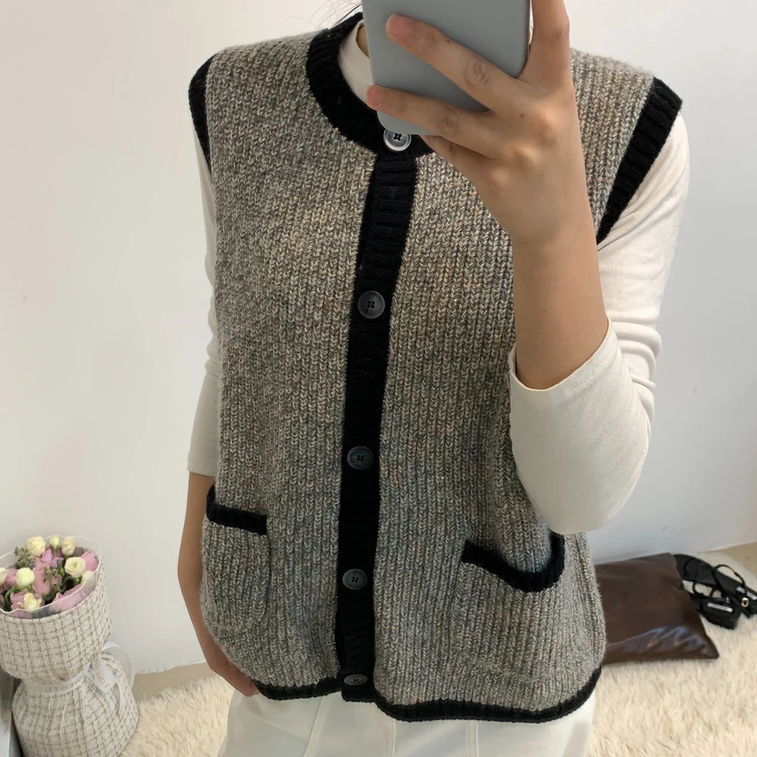 留季25S韩国货1107定制开衫马甲100%美利奴羊毛