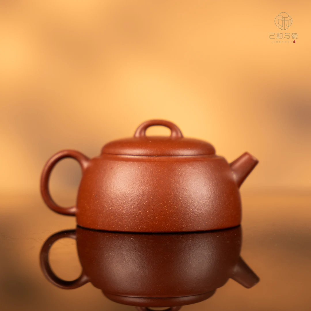 己和与瓷纯手工原矿红降坡泥扁墩壶全手工紫砂壶014