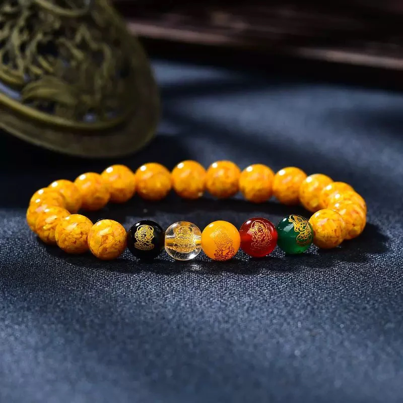 古韵臻选卡8mm 雄黄晶体颗粒砂搭配五路财神单圈手串