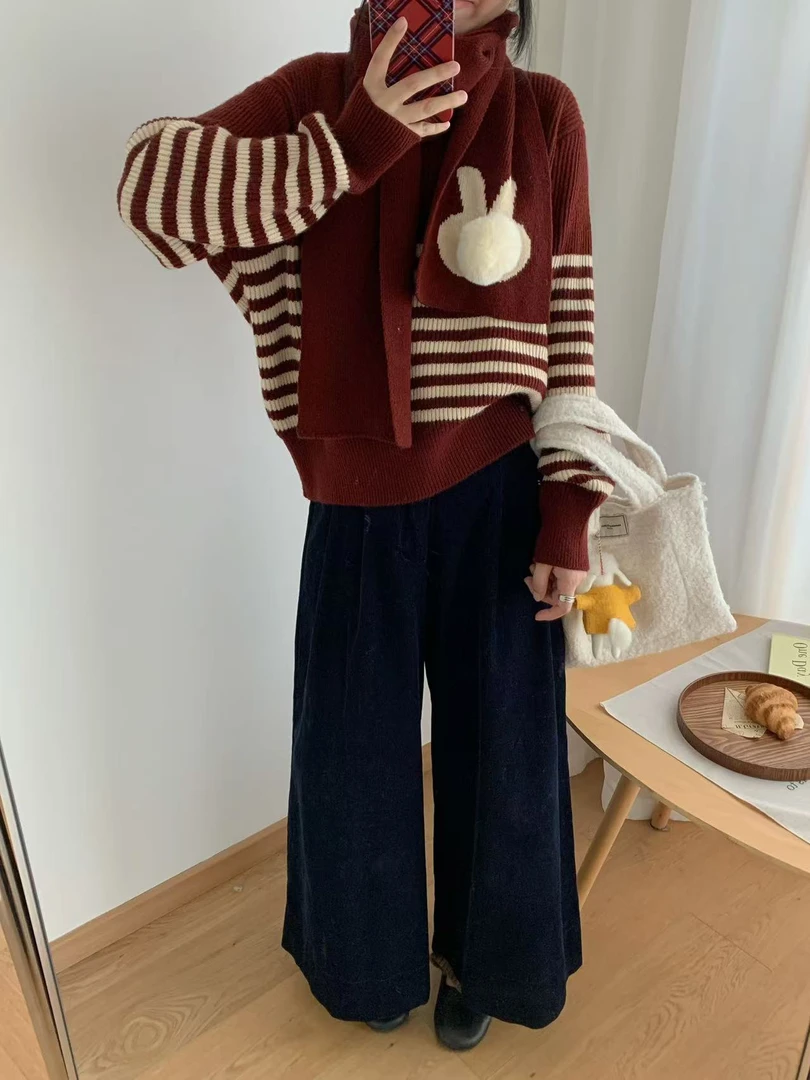 新疆包邮“低调光芒”3082#条纹毛衣配围脖（衣长54）