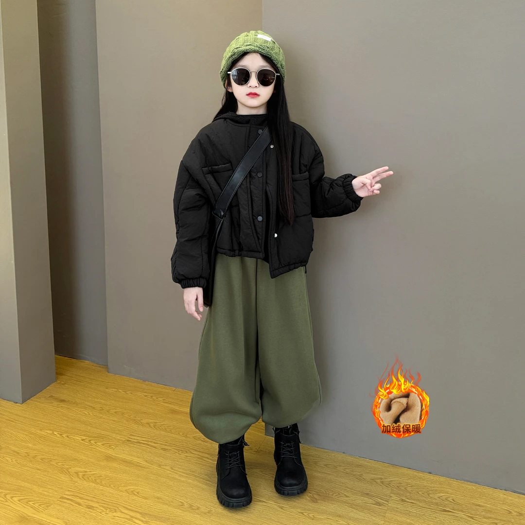 女童2025新款儿童秋冬季韩系夹棉棉衣潮品加绒休闲裤帽衫套装潮酷