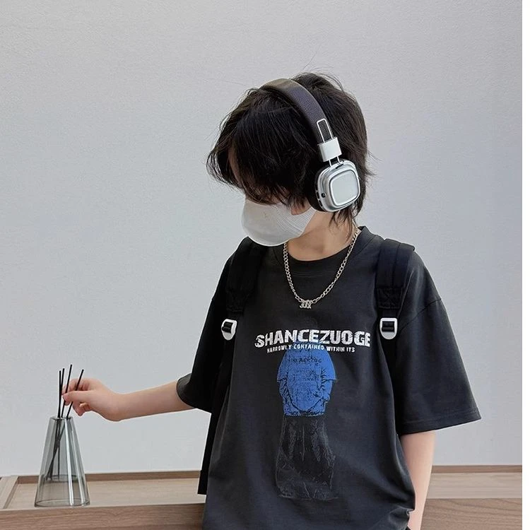 男童中大童纯棉短袖t恤时髦洋气春夏薄款美式字母圆领儿童上衣服