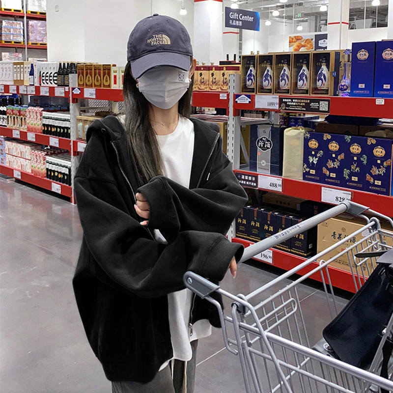 卫衣外套女开衫早春新款灰色拉链薄开衫连帽小个子上衣秋冬款
