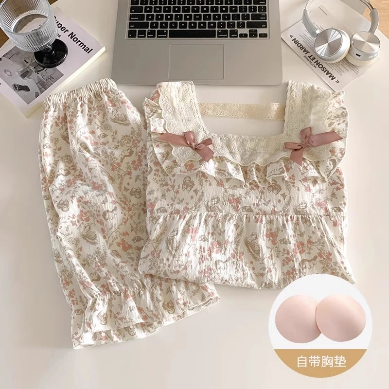 带胸垫一体式短袖睡衣女款夏季2025新款可爱云朵棉夏天家居服花兔