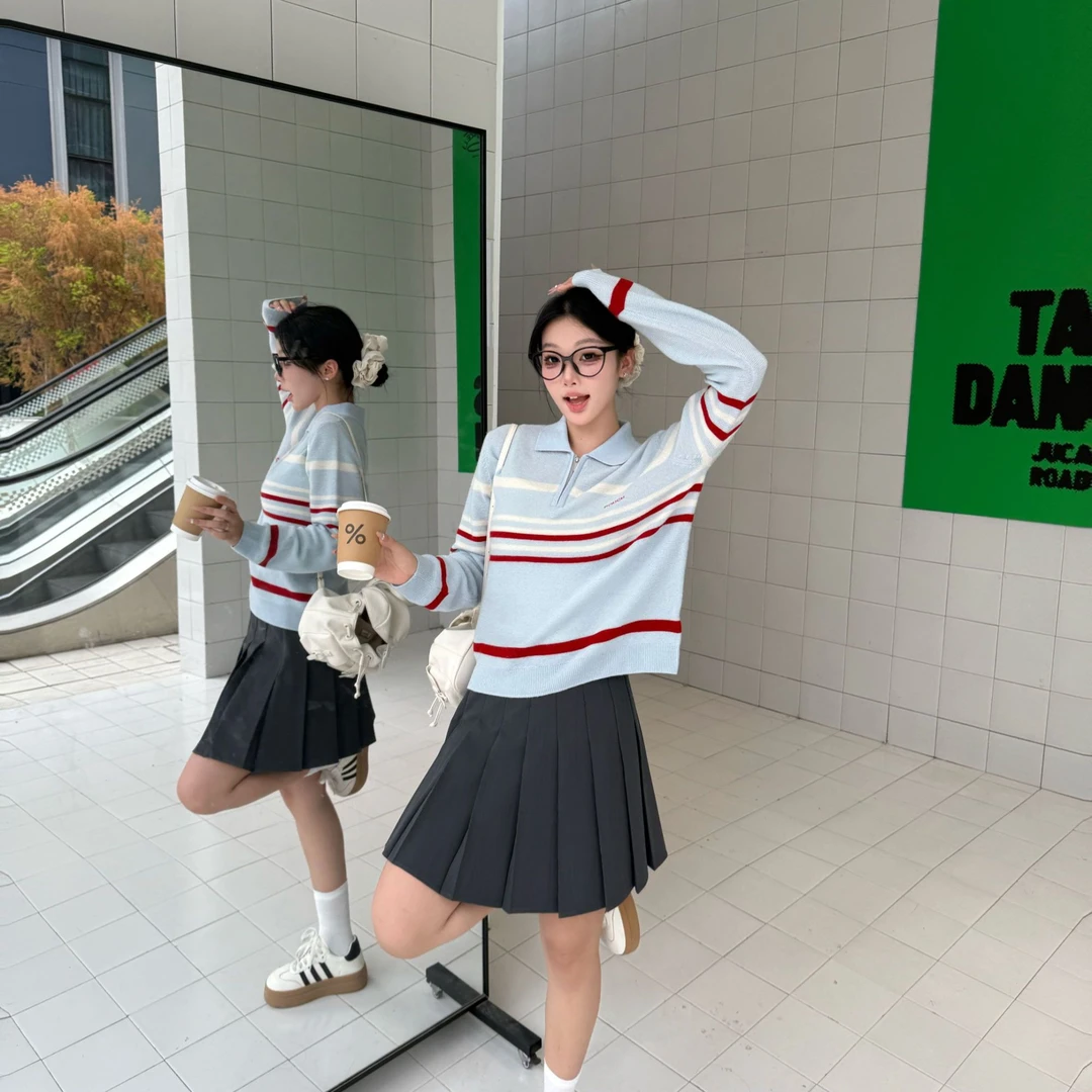 2025早秋新款polo领长袖半拉链字母条纹针织羊毛套头衬衫女