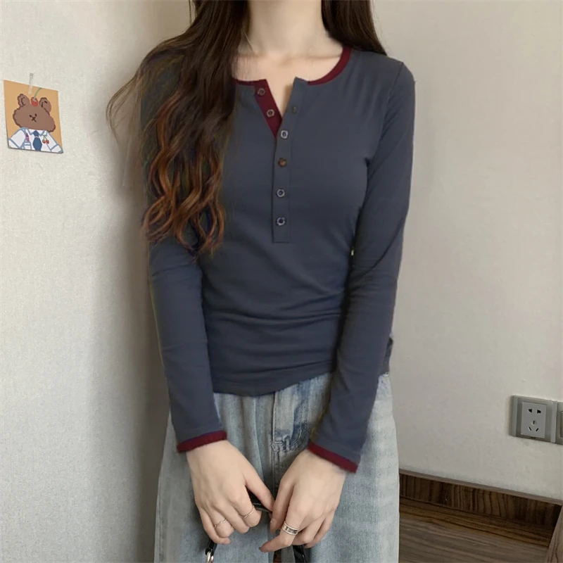 莫代尔撞色休闲长袖T恤女春秋季正肩显瘦修身设计感纽扣打底衫