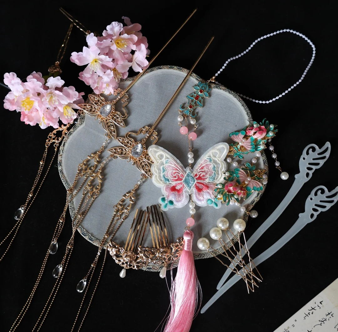 南枝全套春日套装清新套装流苏步摇禁步发梳发钗明制汉服发饰