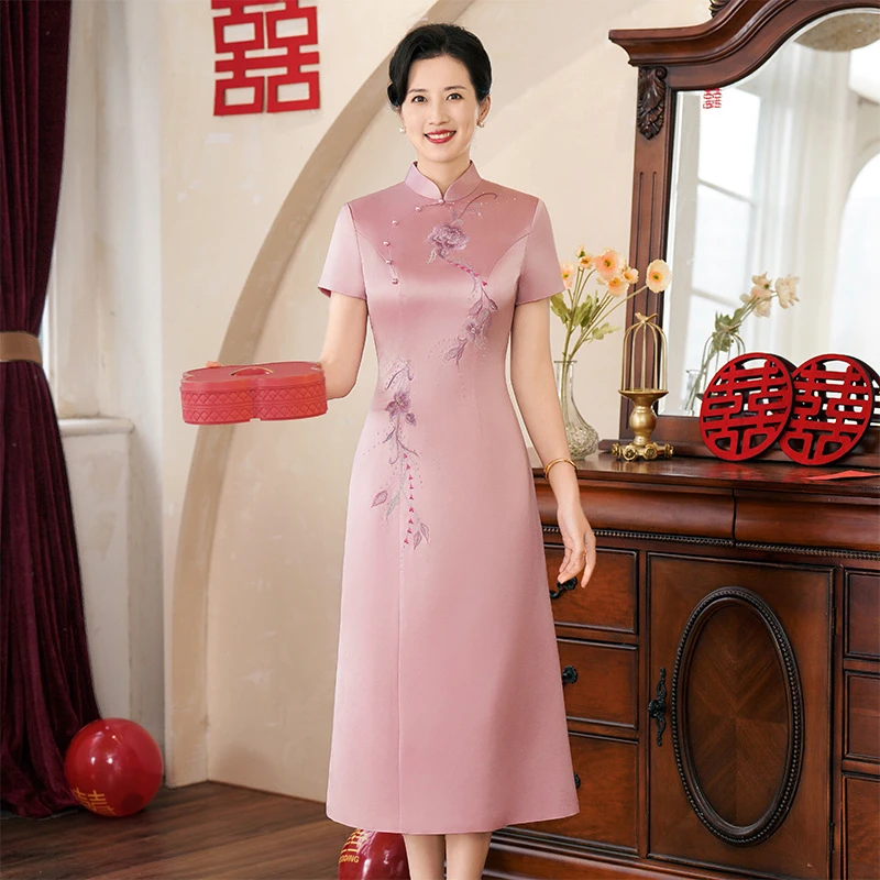 喜妈妈高端礼服2025夏季新款喜婆婆婚宴装改良旗袍连衣裙女23C24
