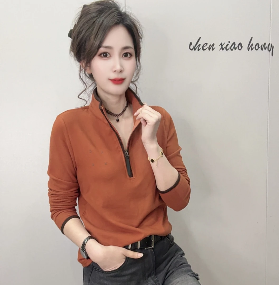 《陈小红》2025季秋冬款新款时尚半拉链立领长袖百搭德绒上衣
