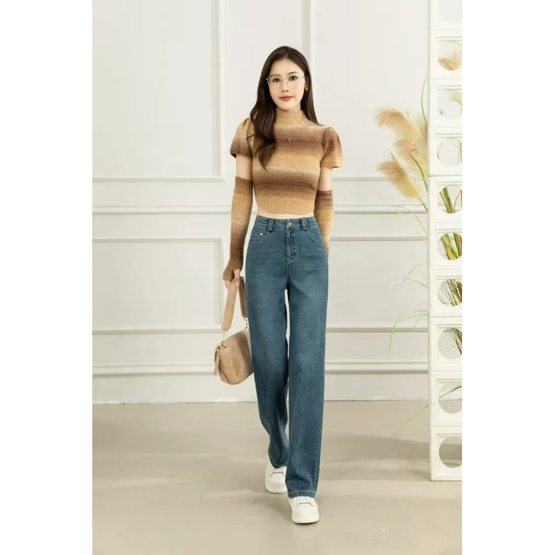 女士高腰牛仔裤 3962 女士秋季新款窄版直筒牛仔裤蓝色显瘦宽松