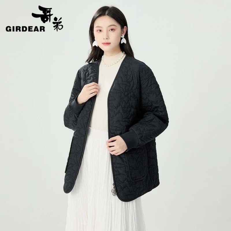 GIRDEAR/哥弟秋冬新款时尚百搭简约慵懒V领新雪丽棉服外套1400769