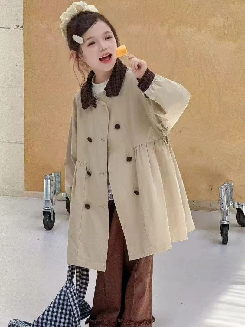 女童风衣外套秋季儿童女孩英伦风中长款双排扣卡其色翻领长袖上衣