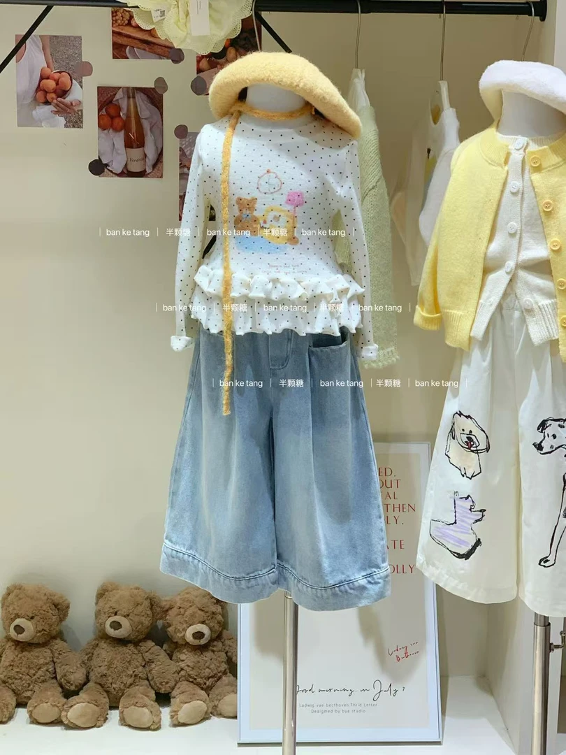 女童波点花边上衣2025秋季新款韩版童装女宝宝洋气长袖内搭T恤